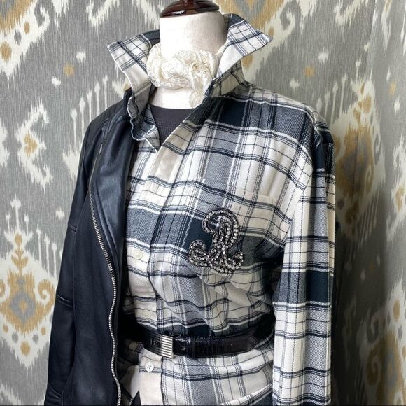 Polo Ralph Lauren Black & White Flannel Embellished Crest Button Up Blouse - Picture 3 of 16